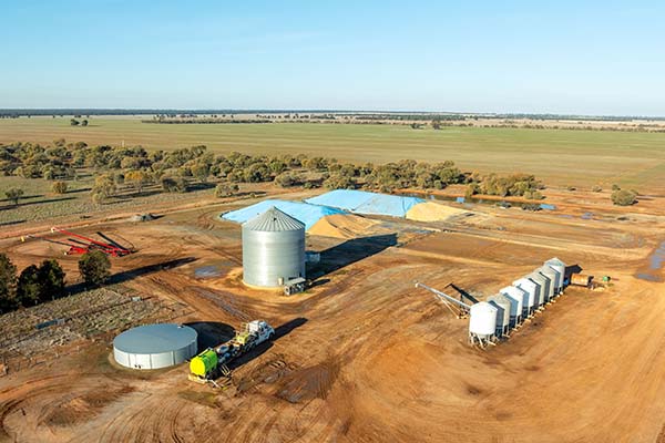 Aerial view of some of the grain storage infrastructure on Buckingbong. 