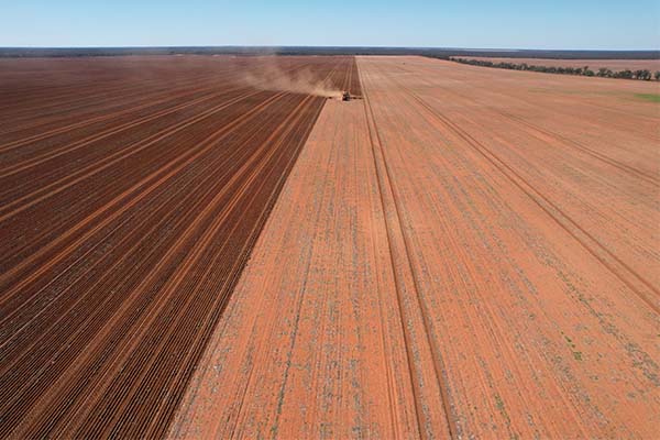 Aerial view of the rich, productive soil of Petro Station, grain enterprise.