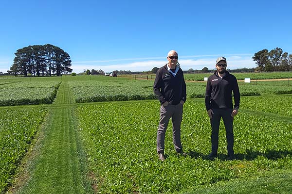 DLF Seeds staff Issac Berry and Wayne Nichol at their research station.