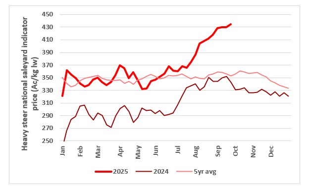 This chart shows the c/kg lw national saleyard indicator price for heavy steers in 2024, 2025 and the 5-year average. Source: MLA.