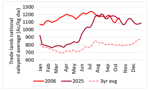 This chart shows the national saleyard indicator prices for trade lambs. Source: MLA