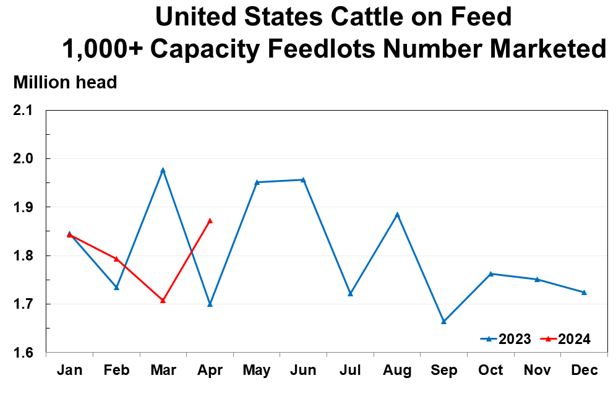 This chart shows the number of cattle sold out of US feedlots in April vs last year.