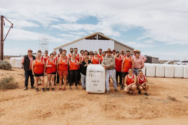 Elders and Curnamona Station staff pose infront of a wool bale on the property