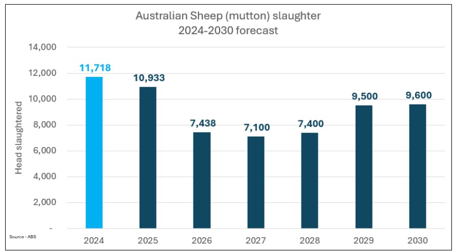 This chart shows Australia’s mutton slaughter forecast to 2030. Source: ABS.