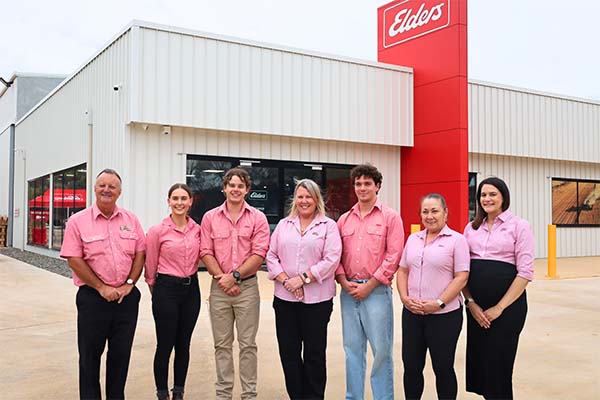 Staff outside the new Corrigin branch. L-R: Roger Fris, Brooklyn Drayton, Zak Ludlow, Janeane Mason, Riley Mason, Rowena Butler, and Reka Neszvecsko.