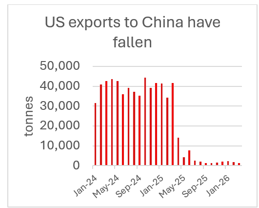 This chart show US beef exports to China since 2024. Source: USDA and DAFF.