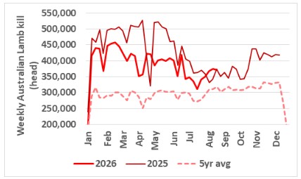 This chart shows weekly lamb slaughter in 2026 vs 2025 and five-year average. Source: MLA. 