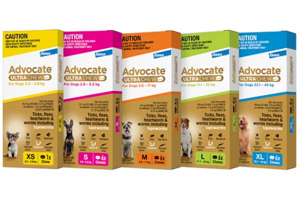Five packages of Advocate Ultra Chews in a row